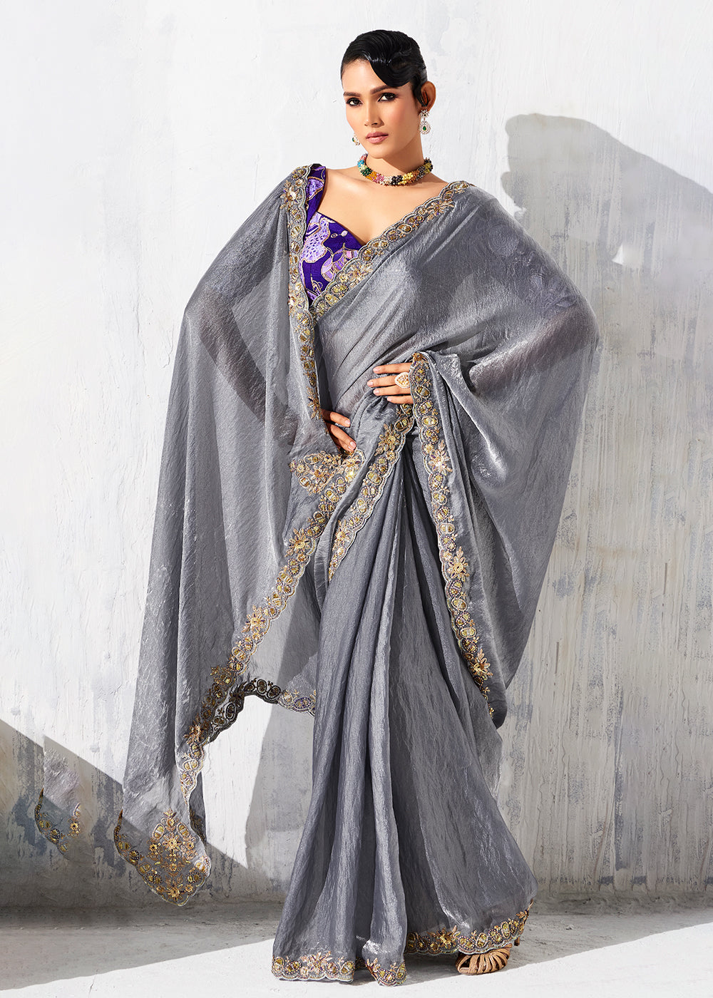 Buy Fancy Grey Organza Tissue Designer Party Wear Saree Online in US, UK, Canada, France, Germany, Denmark, Spain, Belgium, Sweden,UAE & Worldwide at Empress.