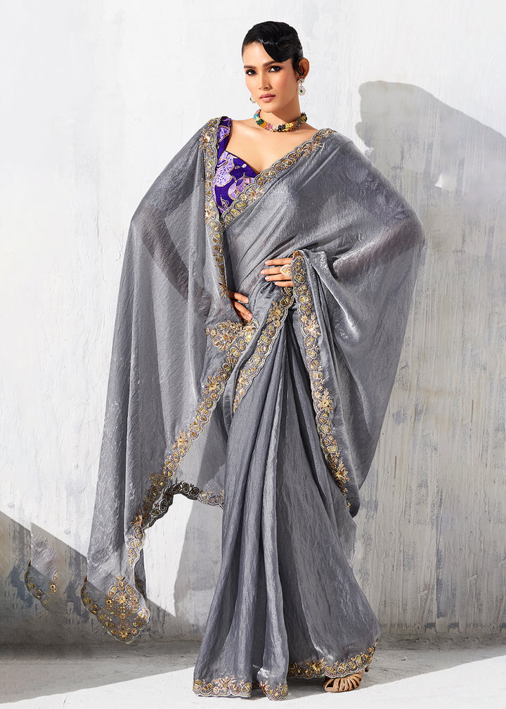Buy Fancy Grey Organza Tissue Designer Party Wear Saree Online in US, UK, Canada, France, Germany, Denmark, Spain, Belgium, Sweden,UAE & Worldwide at Empress.
