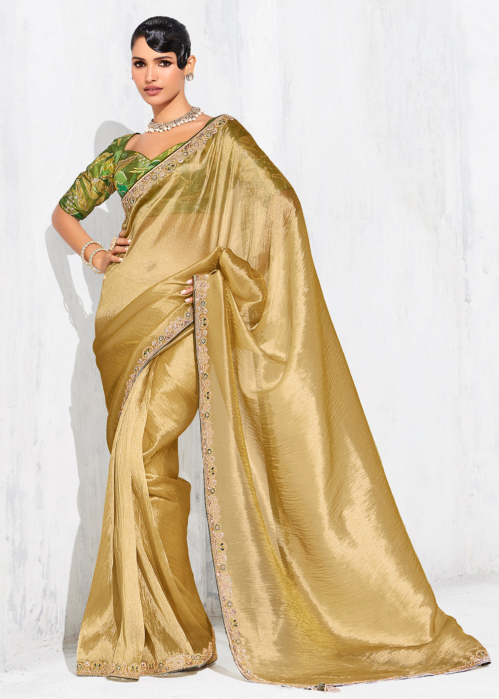 Buy Fancy Golden Organza Tissue Designer Party Wear Saree Online in US, UK, Canada, France, Germany, Denmark, Spain, Belgium, Sweden,UAE & Worldwide at Empress.