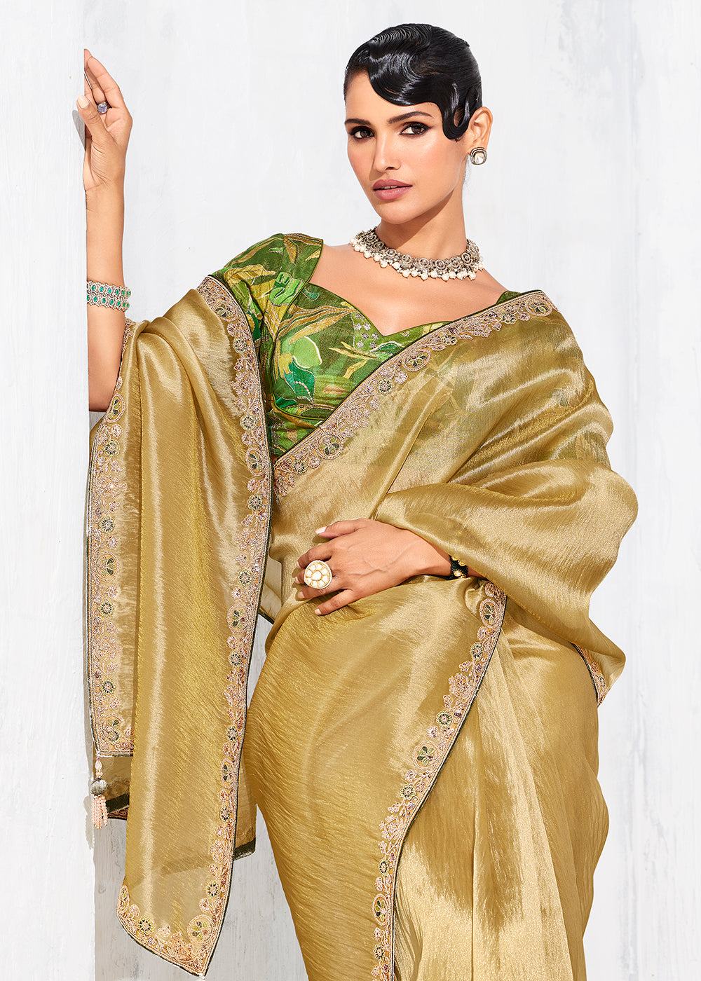 Buy Fancy Golden Organza Tissue Designer Party Wear Saree Online in US, UK, Canada, France, Germany, Denmark, Spain, Belgium, Sweden,UAE & Worldwide at Empress.