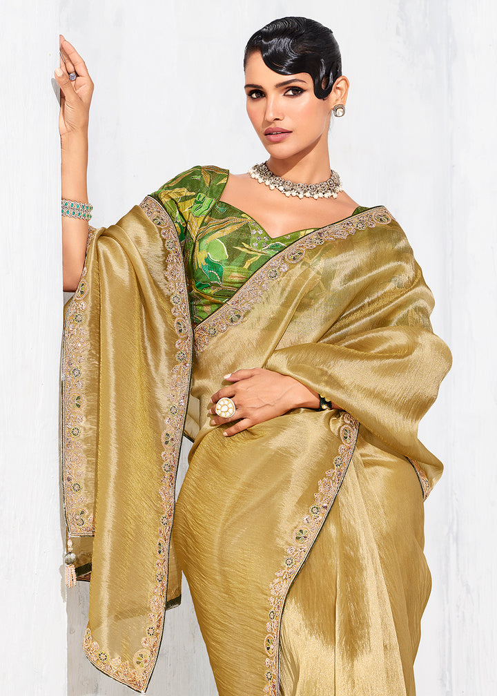 Buy Fancy Golden Organza Tissue Designer Party Wear Saree Online in US, UK, Canada, France, Germany, Denmark, Spain, Belgium, Sweden,UAE & Worldwide at Empress.