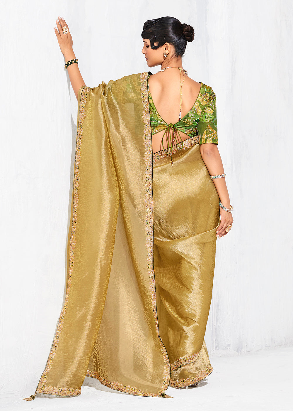 Buy Fancy Golden Organza Tissue Designer Party Wear Saree Online in US, UK, Canada, France, Germany, Denmark, Spain, Belgium, Sweden,UAE & Worldwide at Empress.
