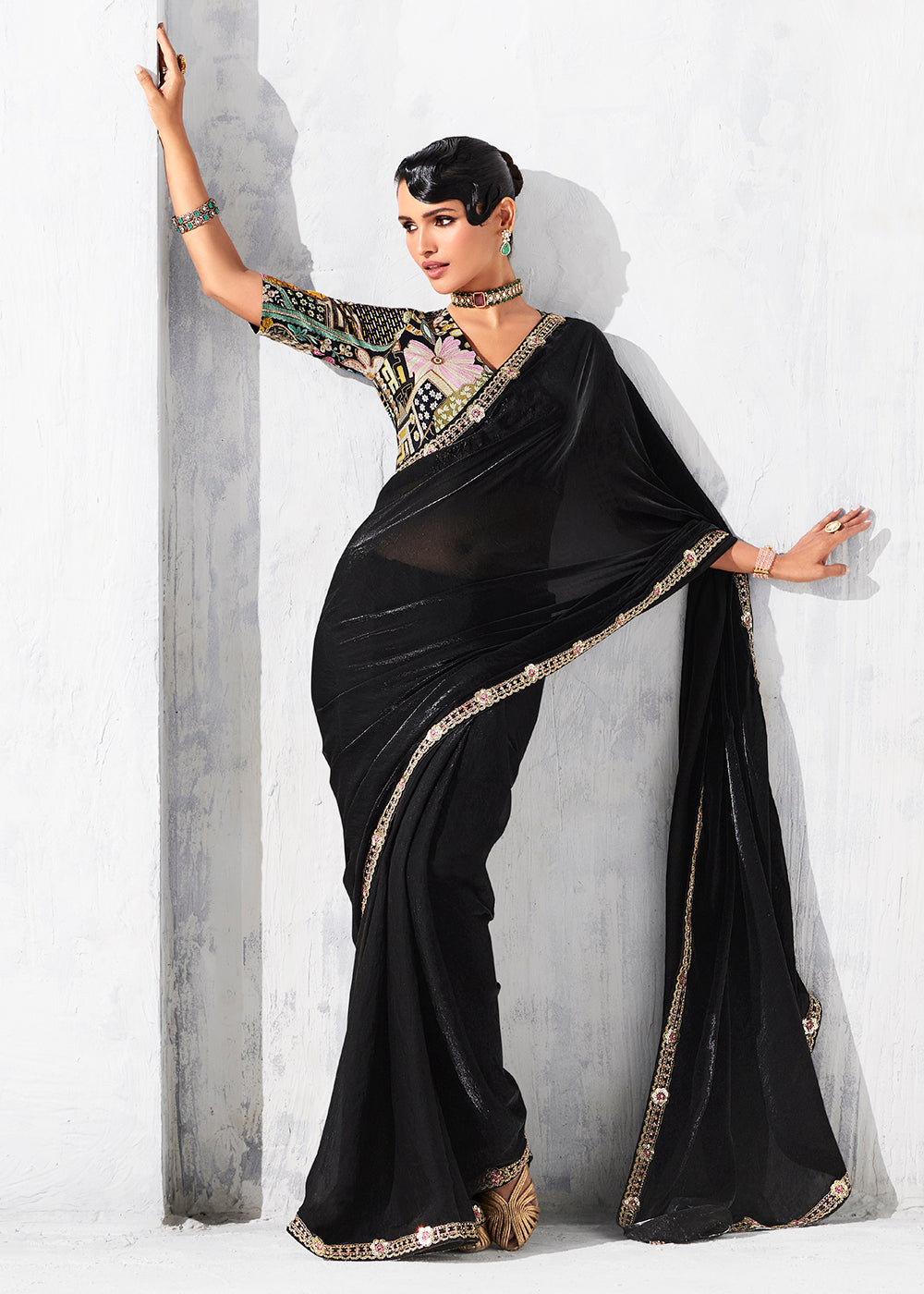 Buy Fancy Black Organza Tissue Designer Party Wear Saree Online in US, UK, Canada, France, Germany, Denmark, Spain, Belgium, Sweden,UAE & Worldwide at Empress.