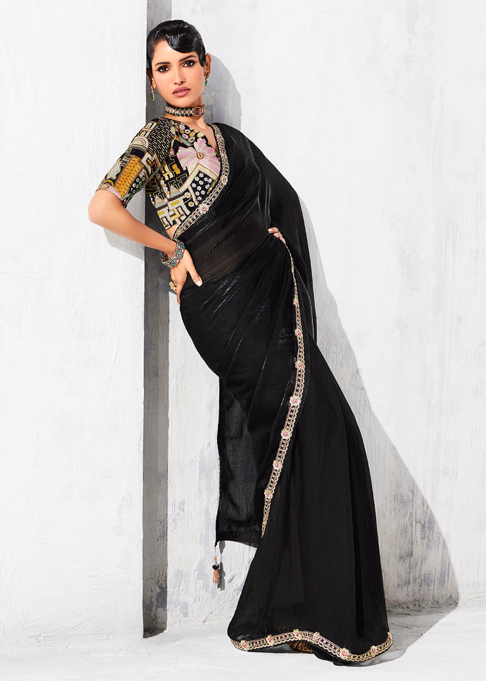 Buy Fancy Black Organza Tissue Designer Party Wear Saree Online in US, UK, Canada, France, Germany, Denmark, Spain, Belgium, Sweden,UAE & Worldwide at Empress.