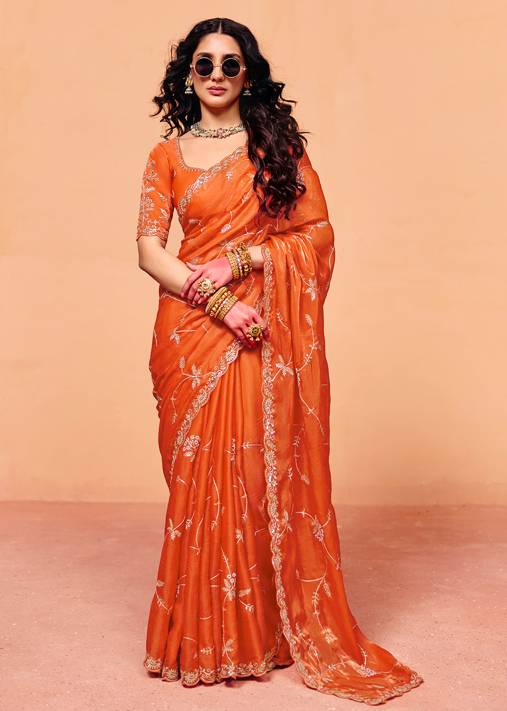 Buy Embroidered Saree in Canada - Tangy Orange Designer Style Saree ...