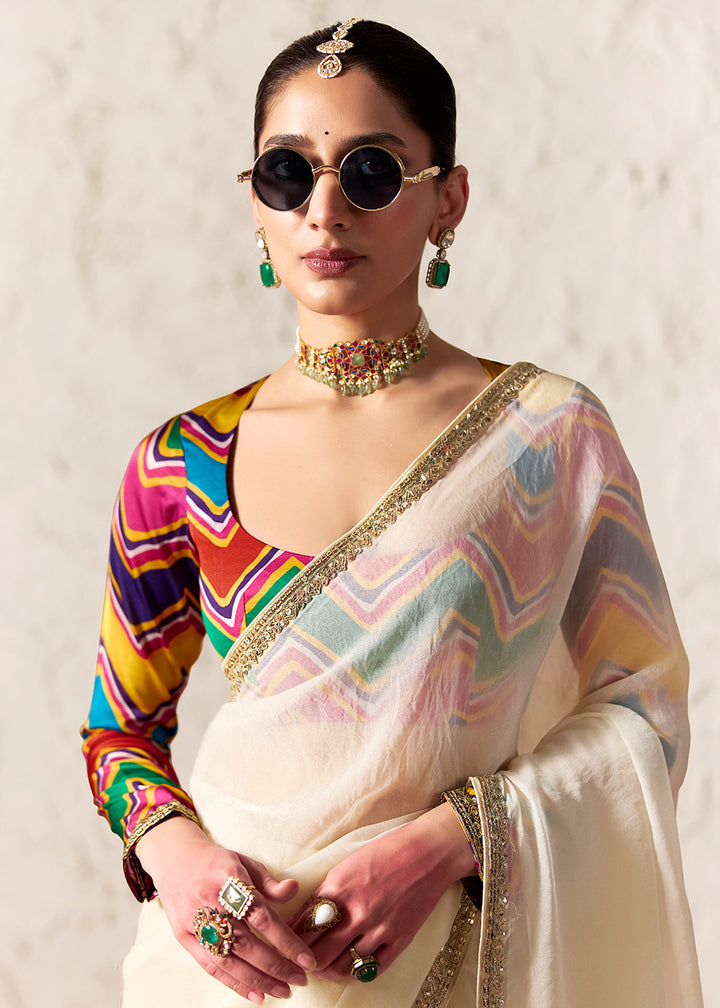 Buy Now Off White Glass Tissue Organza Designer Wear Saree Online in US, UK, Canada, France, Germany, Denmark, Netherland, Sweden, UAE & Worldwide at Empress.
