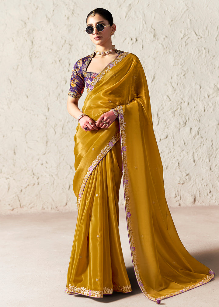 Buy Now Mustard Glass Tissue Organza Designer Wear Saree Online in US, UK, Canada, France, Germany, Denmark, Netherland, Sweden, UAE & Worldwide at Empress.