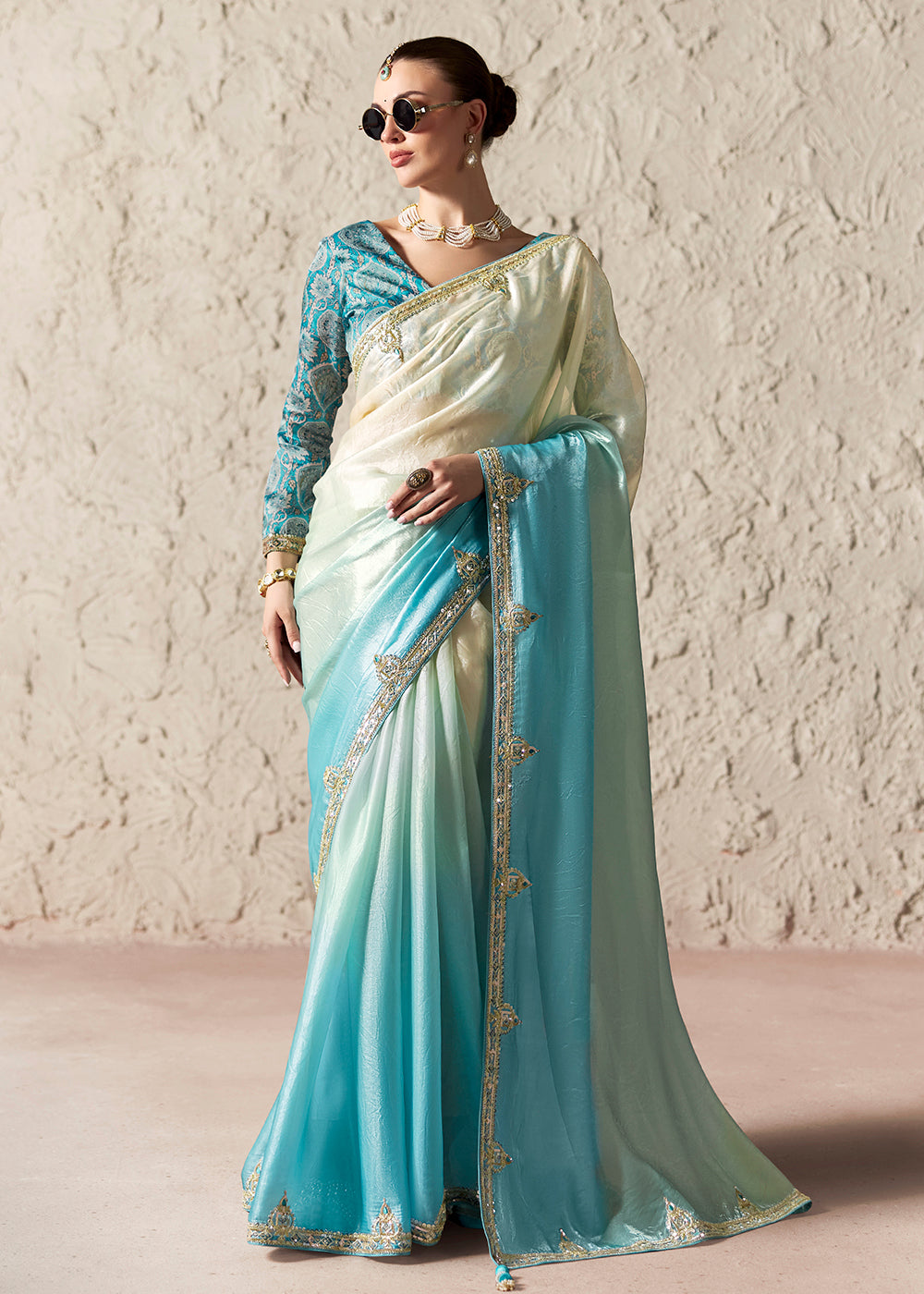 Buy Now Aqua Blue Glass Tissue Organza Designer Wear Saree Online in US, UK, Canada, France, Germany, Denmark, Netherland, Sweden, UAE & Worldwide at Empress.