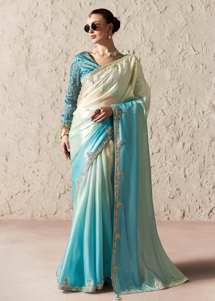 Buy Now Aqua Blue Glass Tissue Organza Designer Wear Saree Online in US, UK, Canada, France, Germany, Denmark, Netherland, Sweden, UAE & Worldwide at Empress.