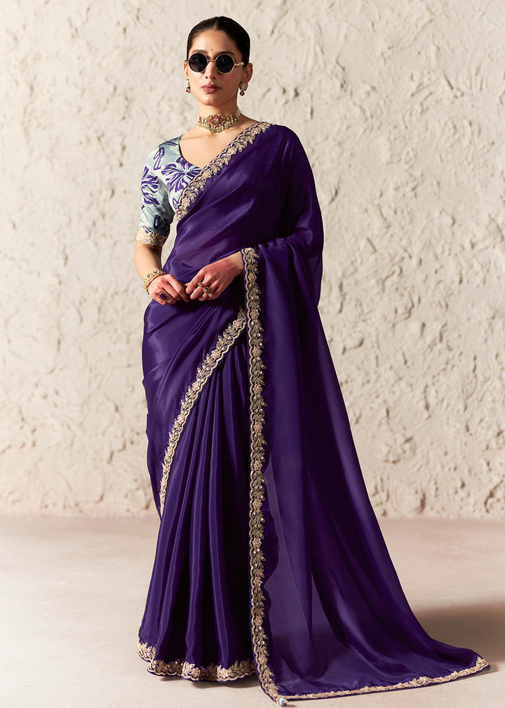 Buy Now Dark Purple Glass Tissue Organza Designer Wear Saree Online in US, UK, Canada, France, Germany, Denmark, Netherland, Sweden, UAE & Worldwide at Empress.
