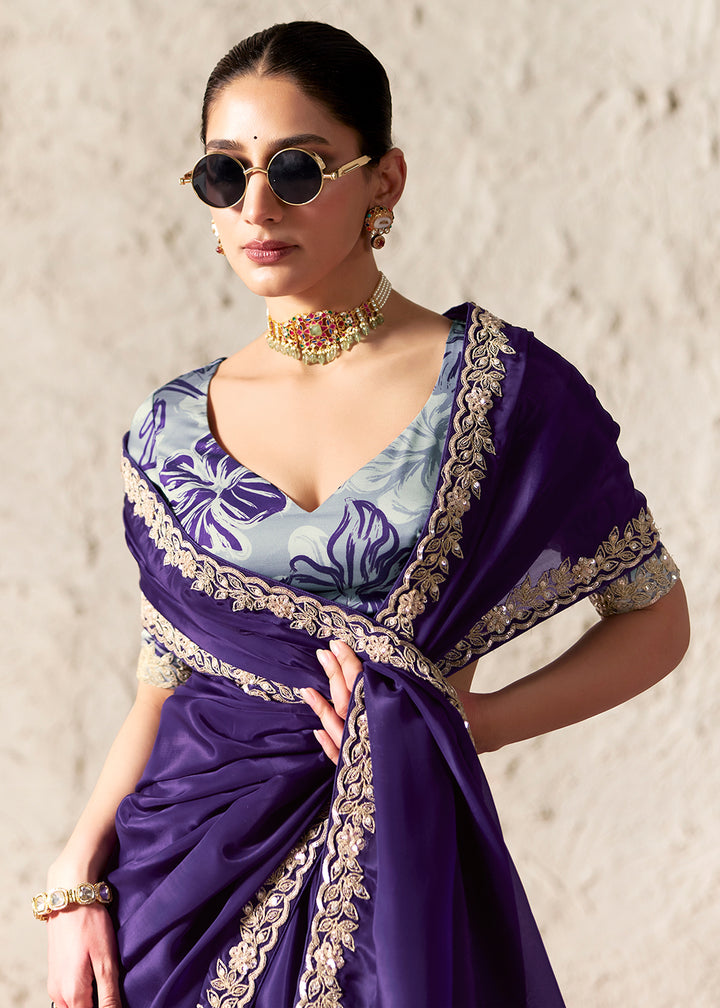 Buy Now Dark Purple Glass Tissue Organza Designer Wear Saree Online in US, UK, Canada, France, Germany, Denmark, Netherland, Sweden, UAE & Worldwide at Empress.
