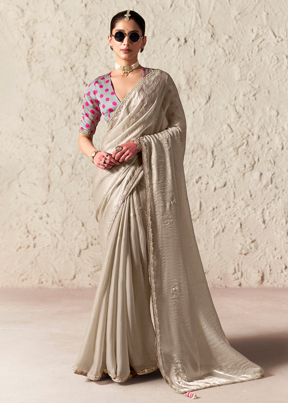 Buy Now Beige Glass Tissue Organza Designer Wear Saree Online in US, UK, Canada, France, Germany, Denmark, Netherland, Sweden, UAE & Worldwide at Empress.