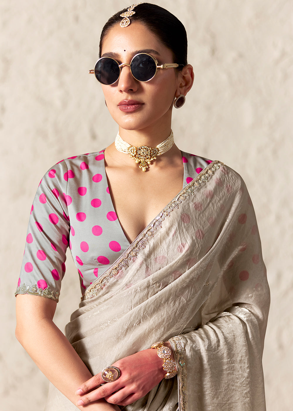 Buy Now Beige Glass Tissue Organza Designer Wear Saree Online in US, UK, Canada, France, Germany, Denmark, Netherland, Sweden, UAE & Worldwide at Empress.