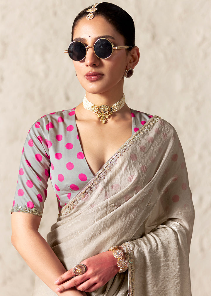 Buy Now Beige Glass Tissue Organza Designer Wear Saree Online in US, UK, Canada, France, Germany, Denmark, Netherland, Sweden, UAE & Worldwide at Empress.