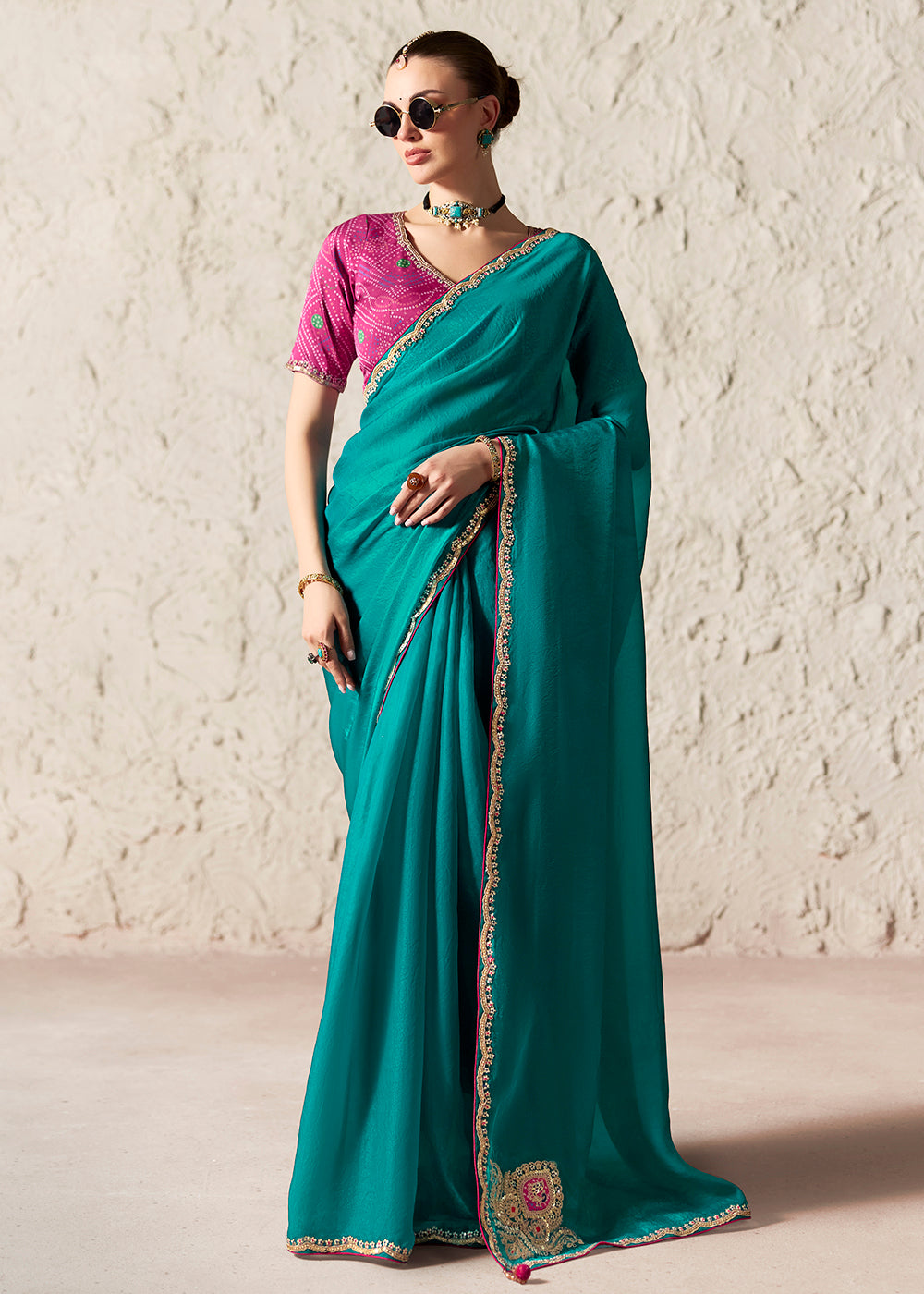 Buy Now Teal Green Glass Tissue Organza Designer Wear Saree Online in US, UK, Canada, France, Germany, Denmark, Netherland, Sweden, UAE & Worldwide at Empress.