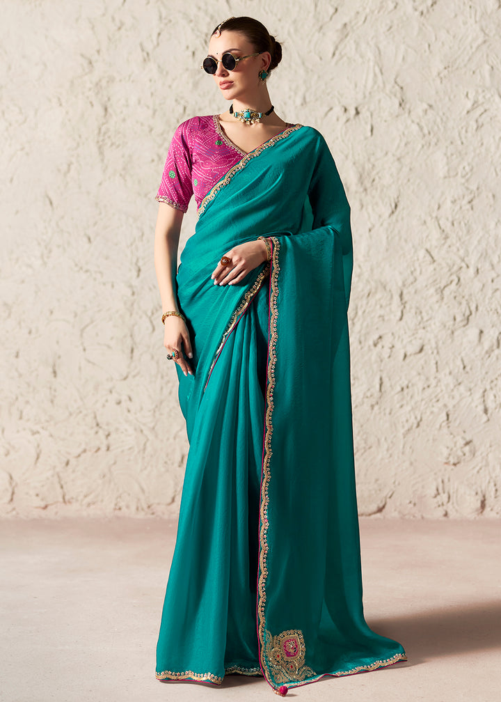 Buy Now Teal Green Glass Tissue Organza Designer Wear Saree Online in US, UK, Canada, France, Germany, Denmark, Netherland, Sweden, UAE & Worldwide at Empress.