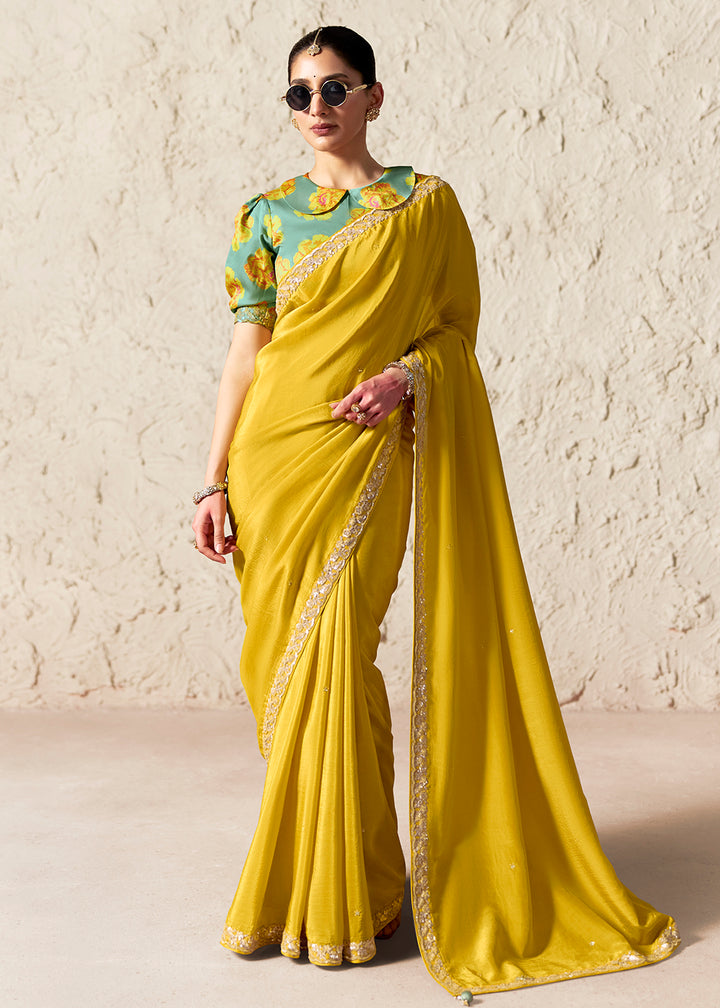 Buy Now Yellow Glass Tissue Organza Designer Wear Saree Online in US, UK, Canada, France, Germany, Denmark, Netherland, Sweden, UAE & Worldwide at Empress.