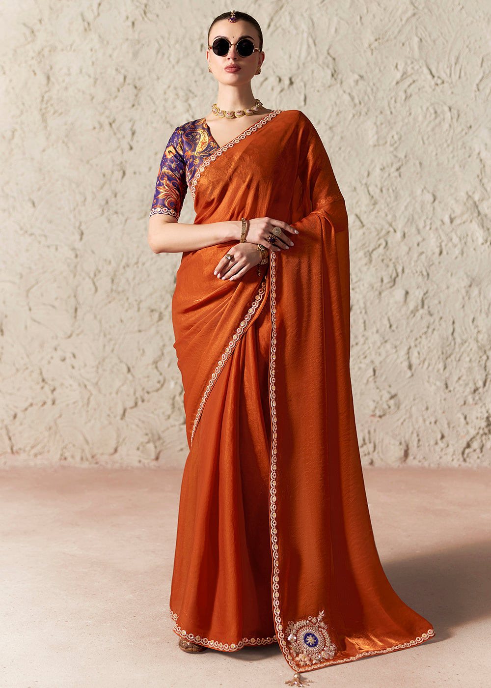 Buy Now Orange Glass Tissue Organza Designer Wear Saree Online in US, UK, Canada, France, Germany, Denmark, Netherland, Sweden, UAE & Worldwide at Empress.