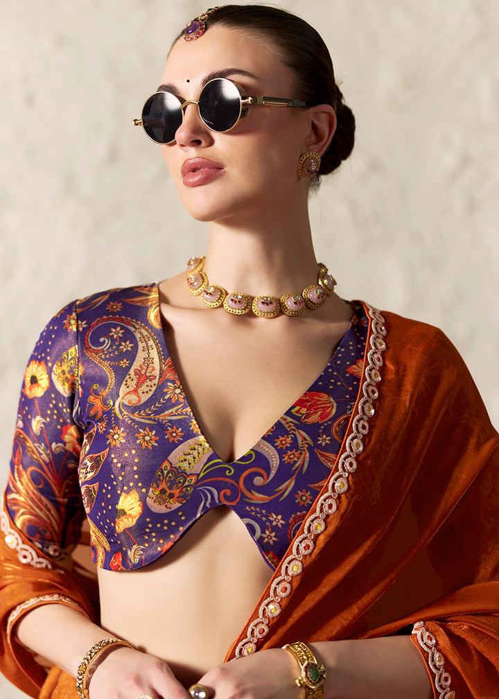 Buy Now Orange Glass Tissue Organza Designer Wear Saree Online in US, UK, Canada, France, Germany, Denmark, Netherland, Sweden, UAE & Worldwide at Empress.
