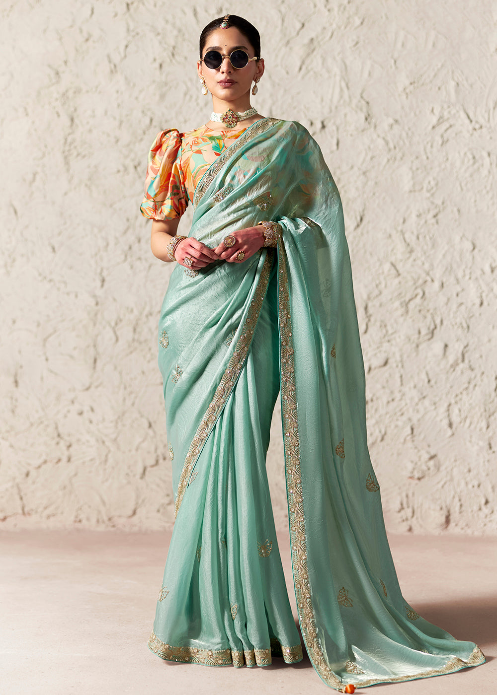 Buy Now Ice Blue Glass Tissue Organza Designer Wear Saree Online in US, UK, Canada, France, Germany, Denmark, Netherland, Sweden, UAE & Worldwide at Empress.