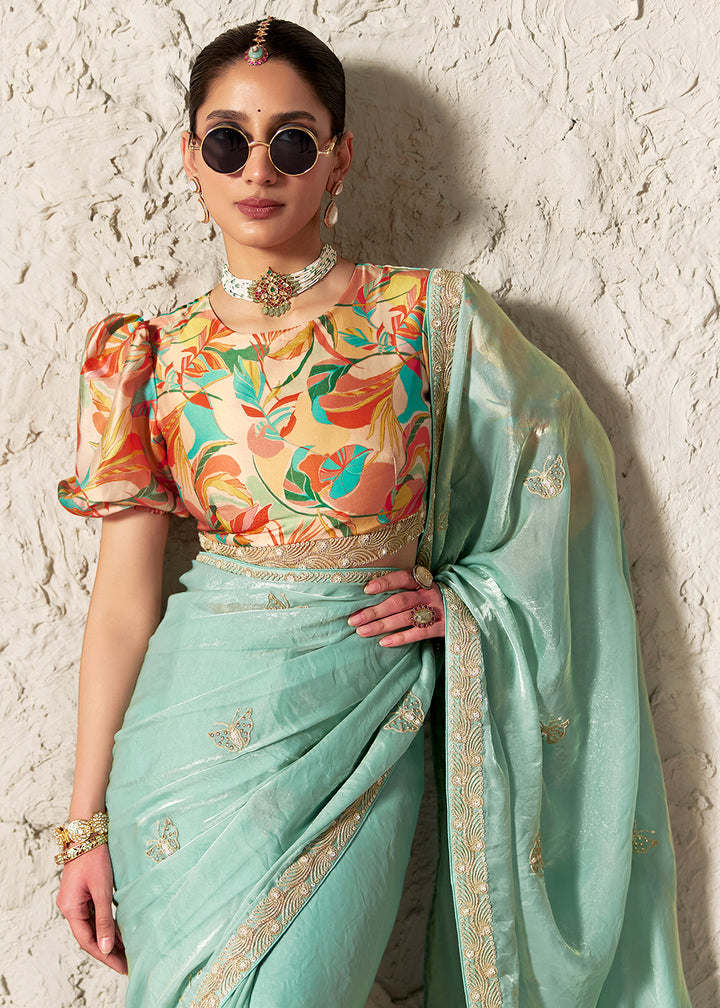 Buy Now Ice Blue Glass Tissue Organza Designer Wear Saree Online in US, UK, Canada, France, Germany, Denmark, Netherland, Sweden, UAE & Worldwide at Empress.