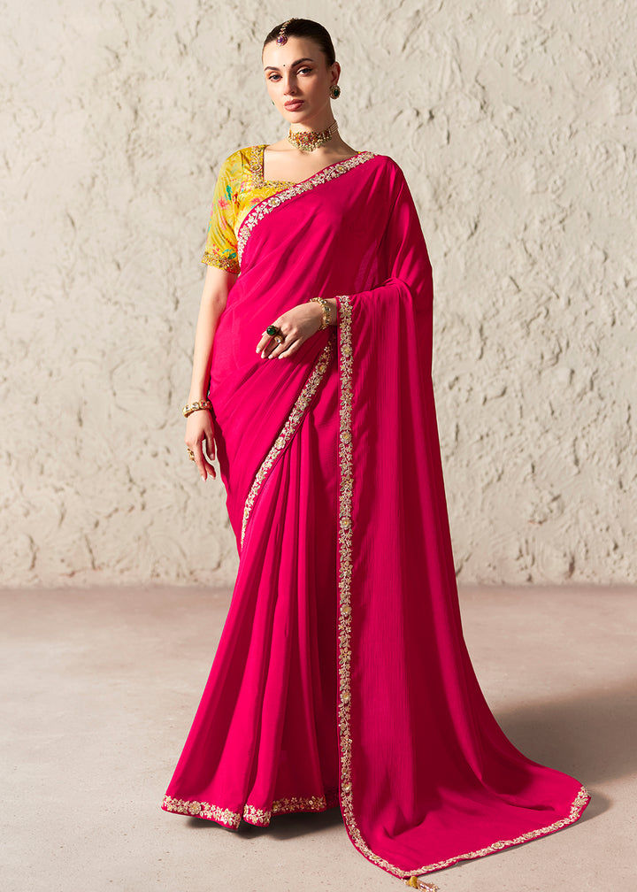 Buy Now Rani Pink Glass Tissue Organza Designer Wear Saree Online in US, UK, Canada, France, Germany, Denmark, Netherland, Sweden, UAE & Worldwide at Empress.