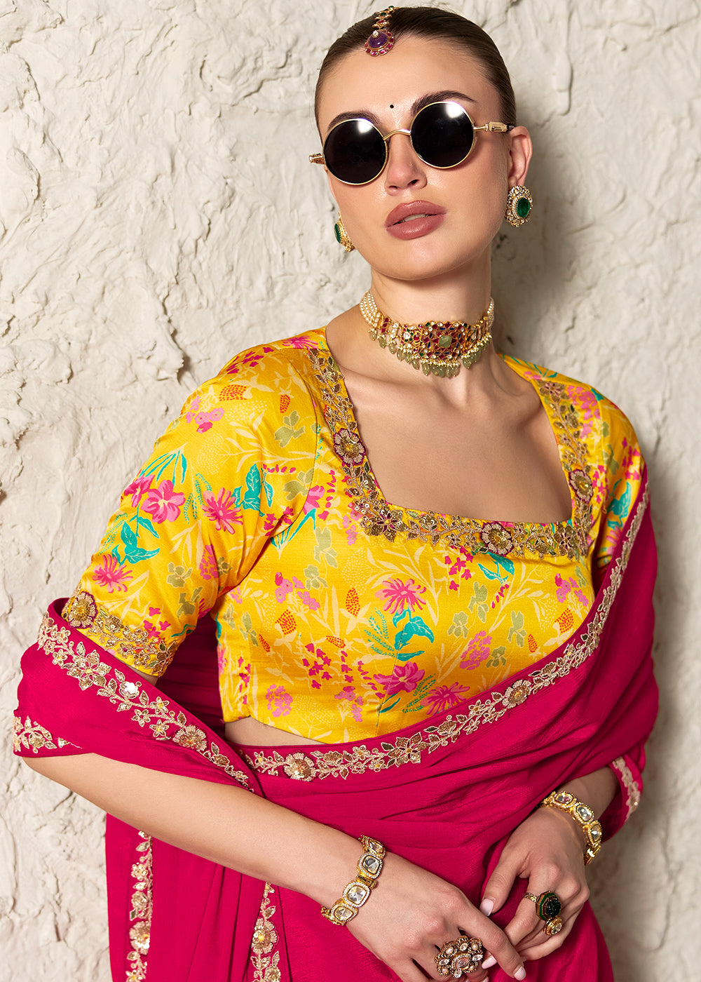 Buy Now Rani Pink Glass Tissue Organza Designer Wear Saree Online in US, UK, Canada, France, Germany, Denmark, Netherland, Sweden, UAE & Worldwide at Empress.