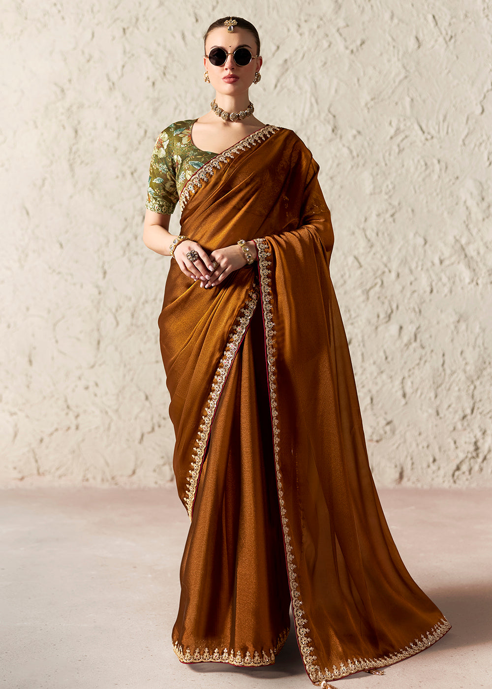 Buy Now Brown Glass Tissue Organza Designer Wear Saree Online in US, UK, Canada, France, Germany, Denmark, Netherland, Sweden, UAE, Spain & Worldwide at Empress.