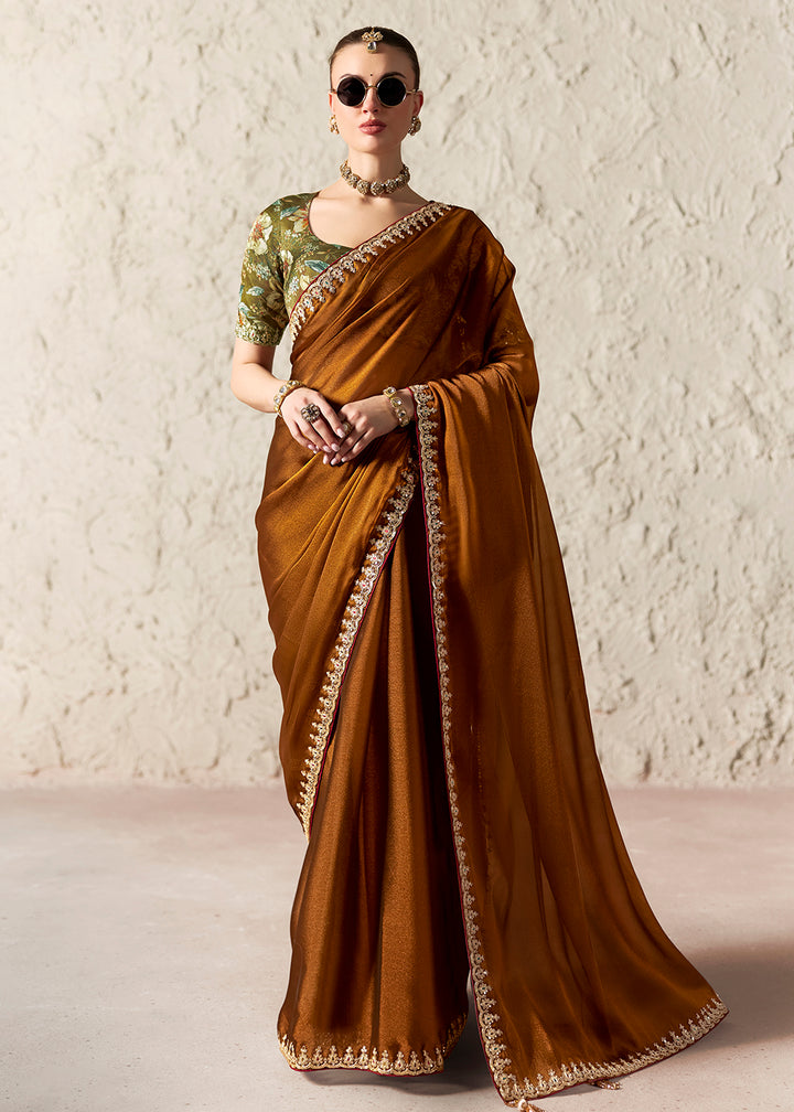 Buy Now Brown Glass Tissue Organza Designer Wear Saree Online in US, UK, Canada, France, Germany, Denmark, Netherland, Sweden, UAE, Spain & Worldwide at Empress.