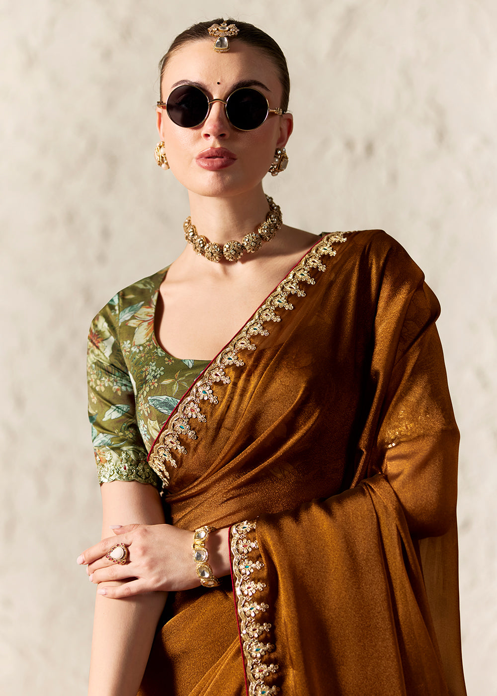 Buy Now Brown Glass Tissue Organza Designer Wear Saree Online in US, UK, Canada, France, Germany, Denmark, Netherland, Sweden, UAE, Spain & Worldwide at Empress.