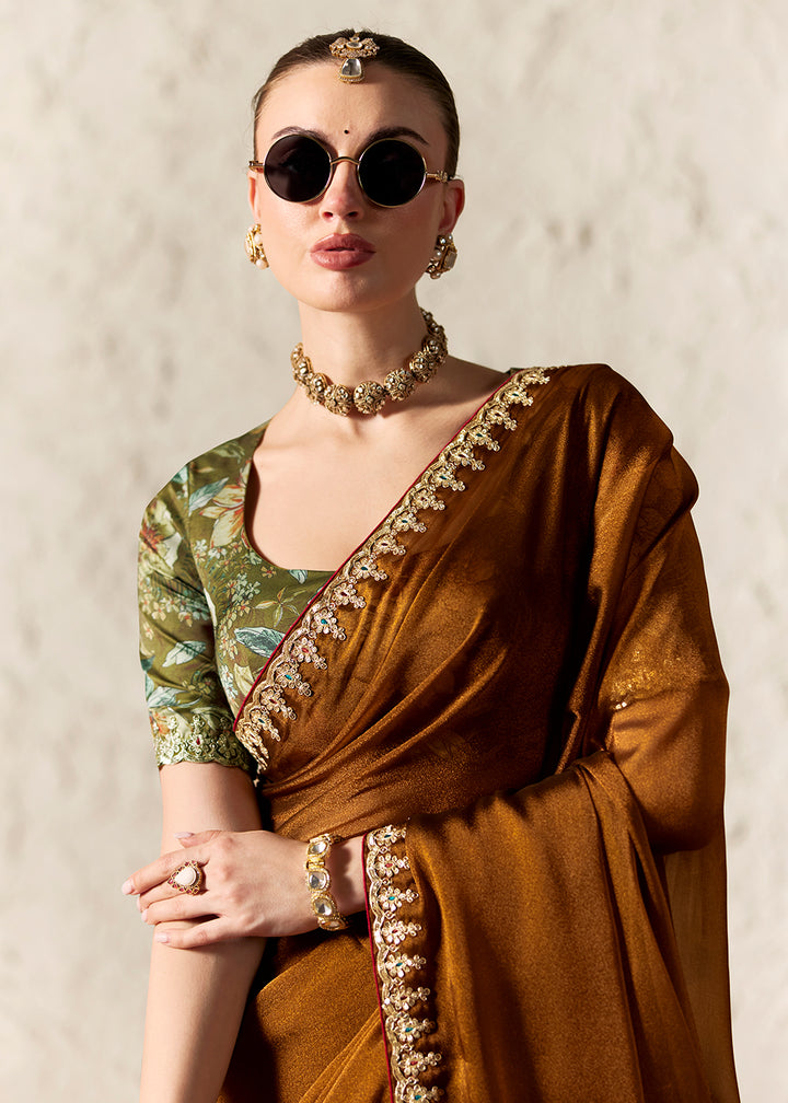Buy Now Brown Glass Tissue Organza Designer Wear Saree Online in US, UK, Canada, France, Germany, Denmark, Netherland, Sweden, UAE, Spain & Worldwide at Empress.