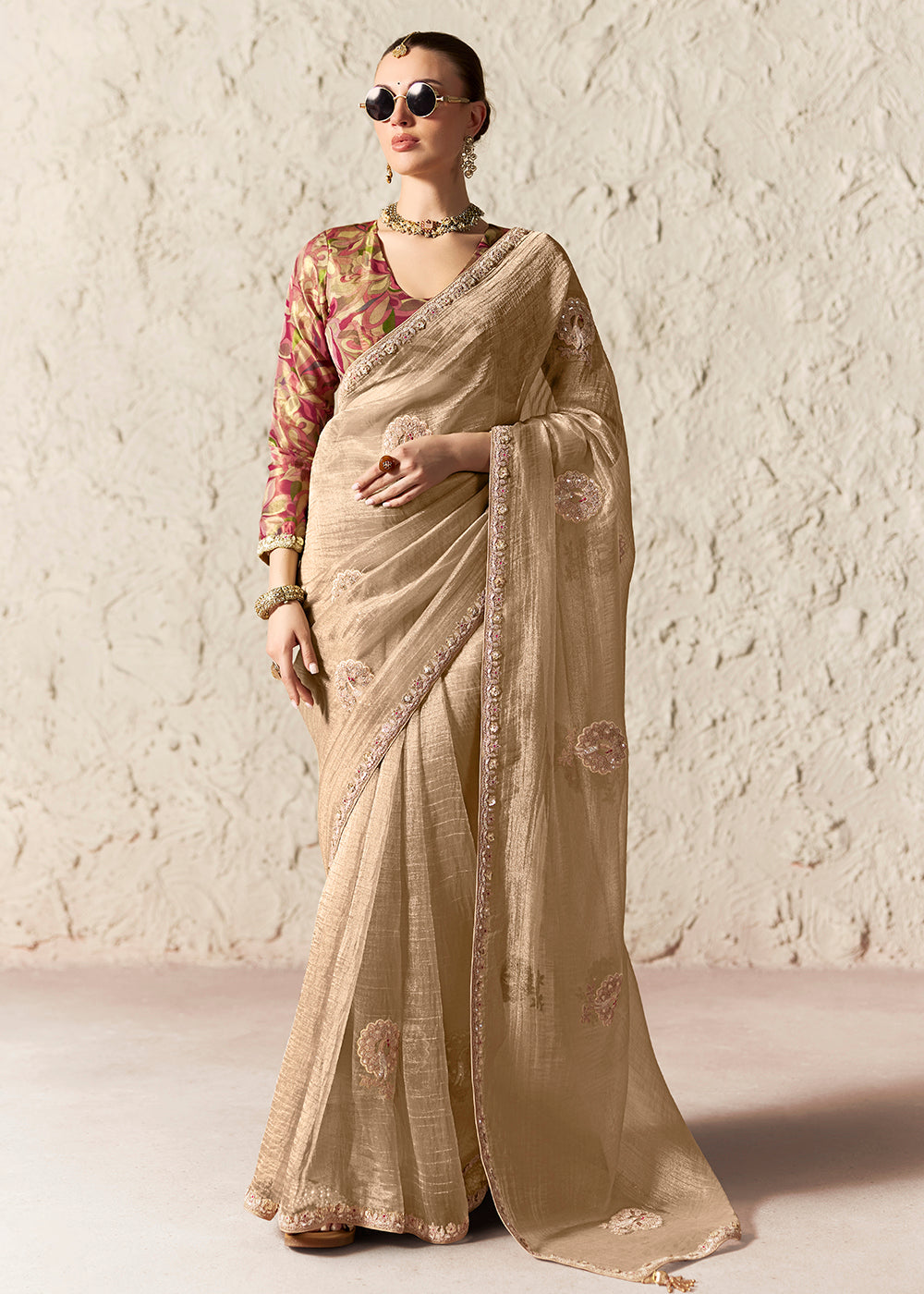 Buy Now Beige Glass Tissue Organza Designer Wear Saree Online in US, UK, Canada, France, Germany, Denmark, Netherland, Sweden, UAE, Spain & Worldwide at Empress