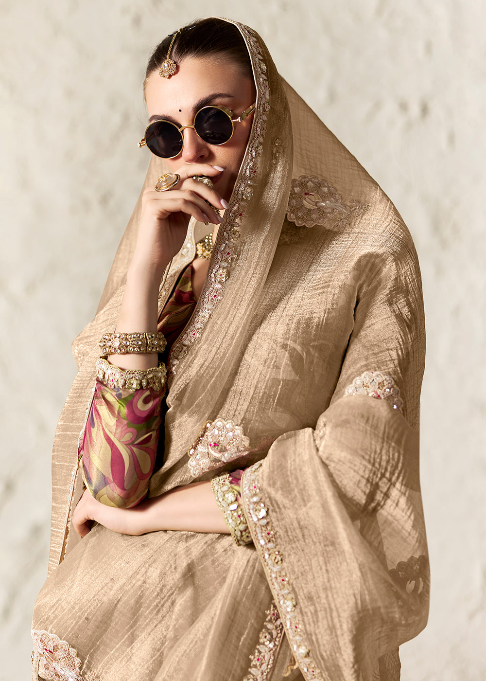 Buy Now Beige Glass Tissue Organza Designer Wear Saree Online in US, UK, Canada, France, Germany, Denmark, Netherland, Sweden, UAE, Spain & Worldwide at Empress