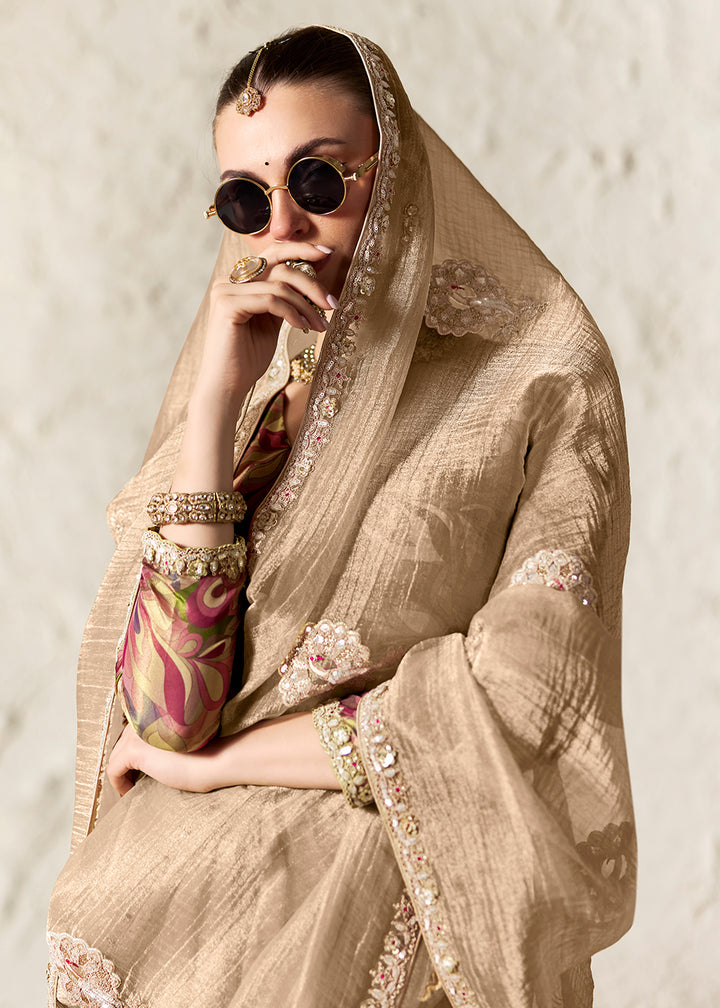 Buy Now Beige Glass Tissue Organza Designer Wear Saree Online in US, UK, Canada, France, Germany, Denmark, Netherland, Sweden, UAE, Spain & Worldwide at Empress