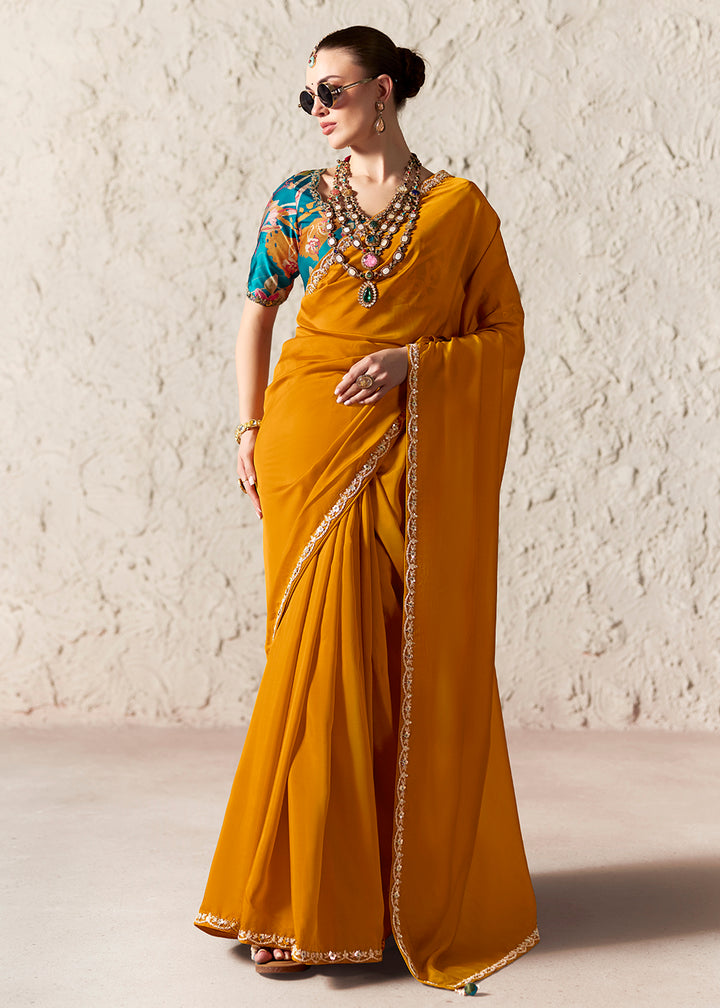 Buy Now Turmeric Glass Tissue Organza Designer Wear Saree Online in US, UK, Canada, France, Germany, Denmark, Netherland, Sweden, Spain & Worldwide at Empress.