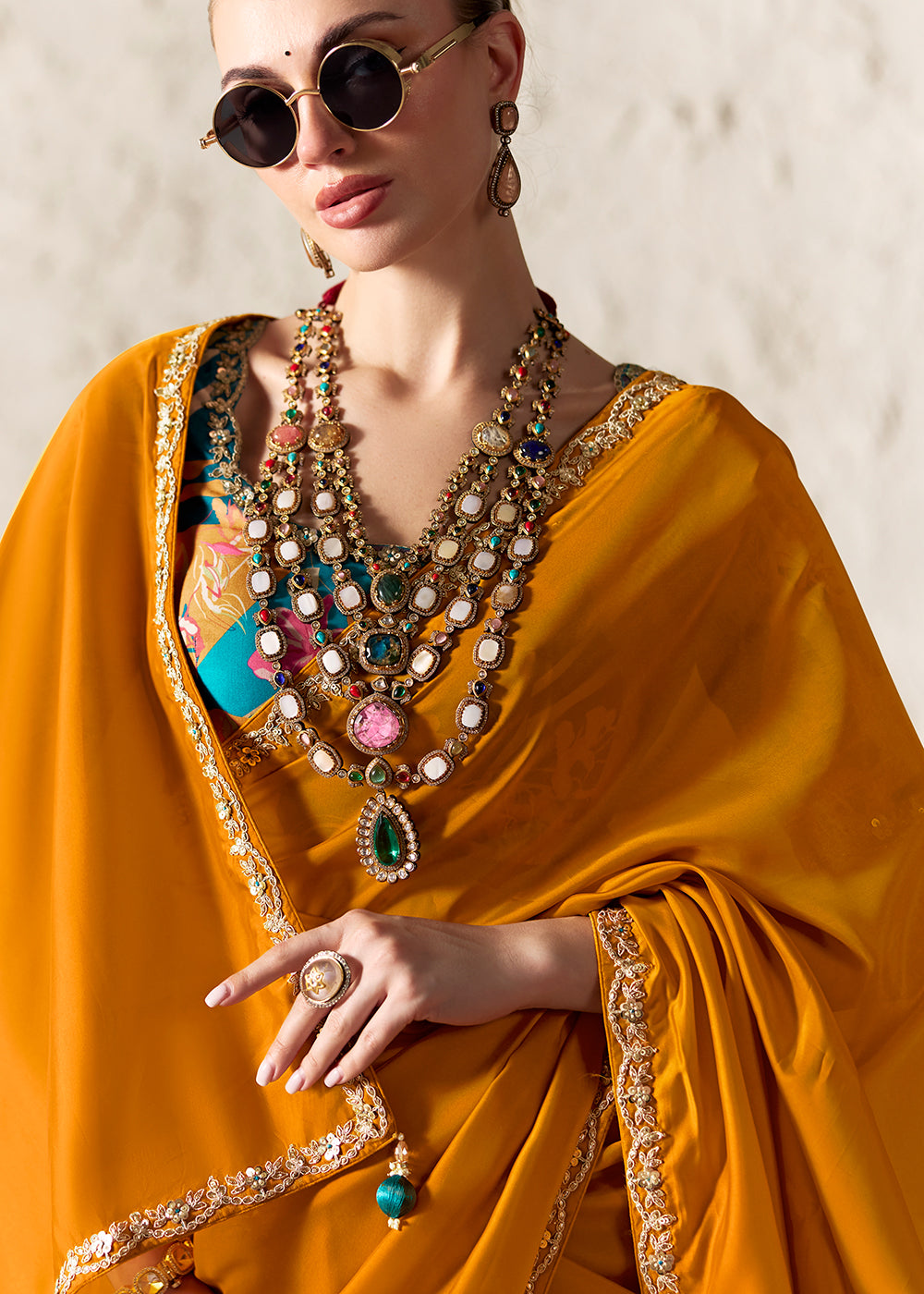 Buy Now Turmeric Glass Tissue Organza Designer Wear Saree Online in US, UK, Canada, France, Germany, Denmark, Netherland, Sweden, Spain & Worldwide at Empress.