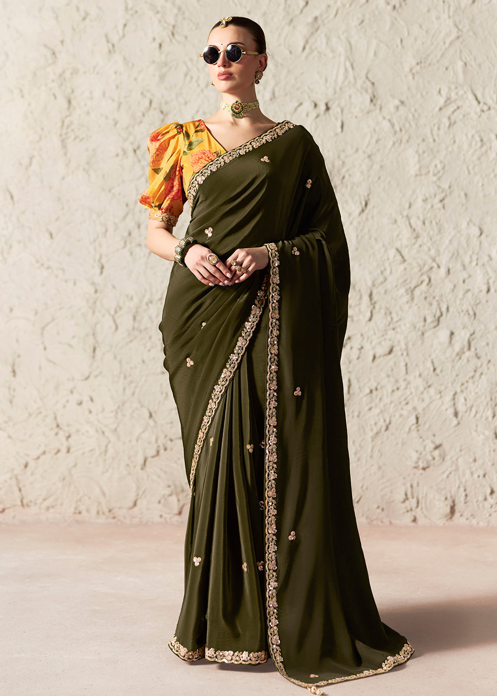 Buy Now Mehndi Glass Tissue Organza Designer Wear Saree Online in US, UK, Canada, France, Germany, Denmark, Netherland, Sweden, Spain & Worldwide at Empress.