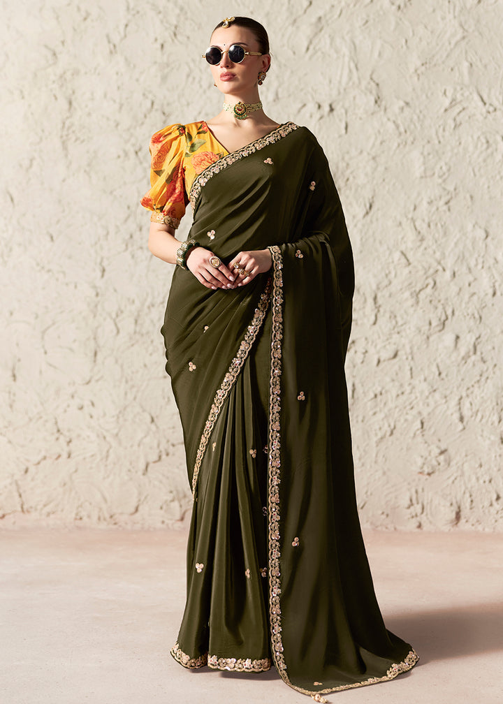Buy Now Mehndi Glass Tissue Organza Designer Wear Saree Online in US, UK, Canada, France, Germany, Denmark, Netherland, Sweden, Spain & Worldwide at Empress.