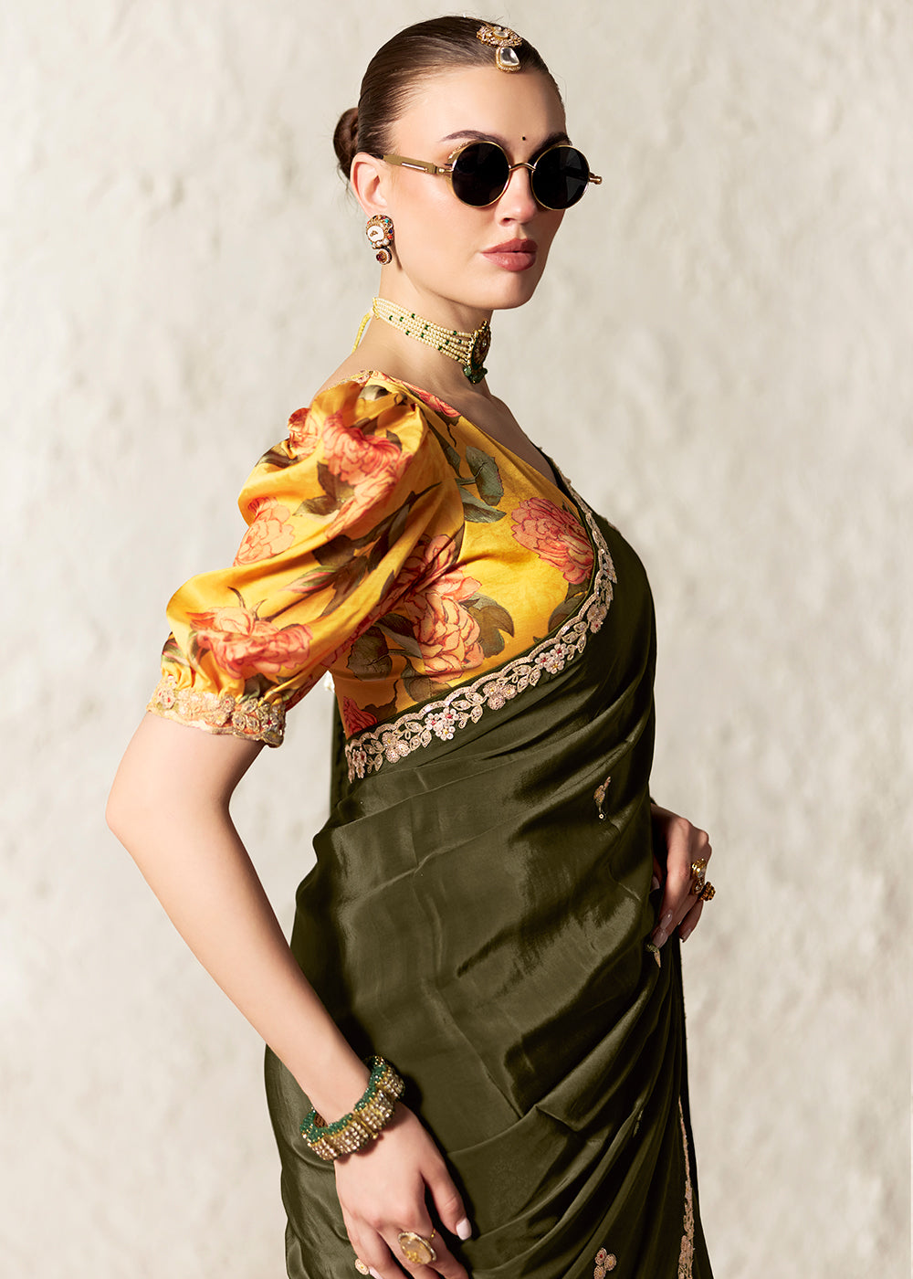 Buy Now Mehndi Glass Tissue Organza Designer Wear Saree Online in US, UK, Canada, France, Germany, Denmark, Netherland, Sweden, Spain & Worldwide at Empress.