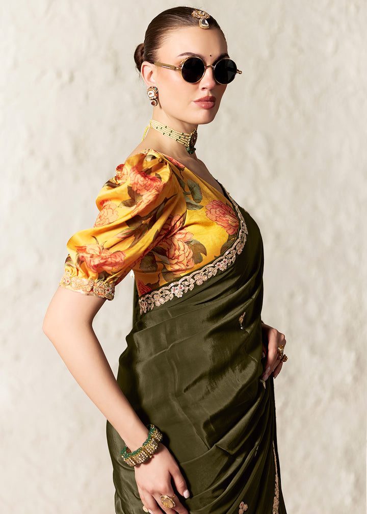 Buy Now Mehndi Glass Tissue Organza Designer Wear Saree Online in US, UK, Canada, France, Germany, Denmark, Netherland, Sweden, Spain & Worldwide at Empress.