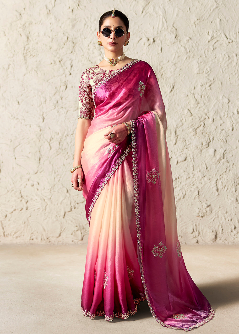 Buy Now Magenta Glass Tissue Organza Designer Wear Saree Online in US, UK, Canada, France, Germany, Denmark, Netherland, Sweden, Spain & Worldwide at Empress.