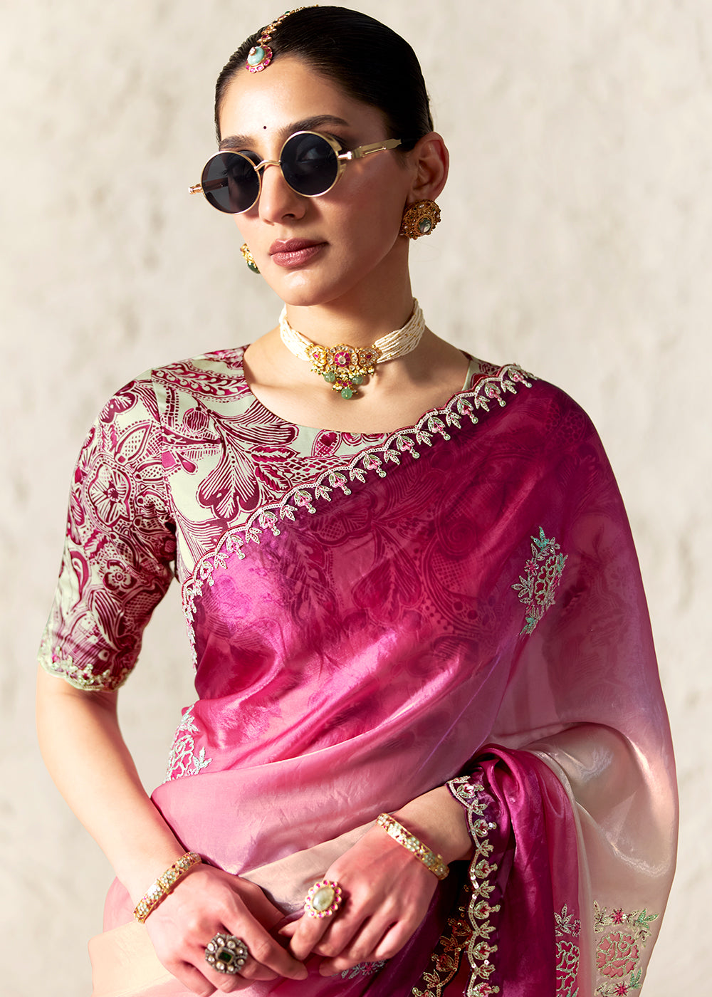 Buy Now Magenta Glass Tissue Organza Designer Wear Saree Online in US, UK, Canada, France, Germany, Denmark, Netherland, Sweden, Spain & Worldwide at Empress.