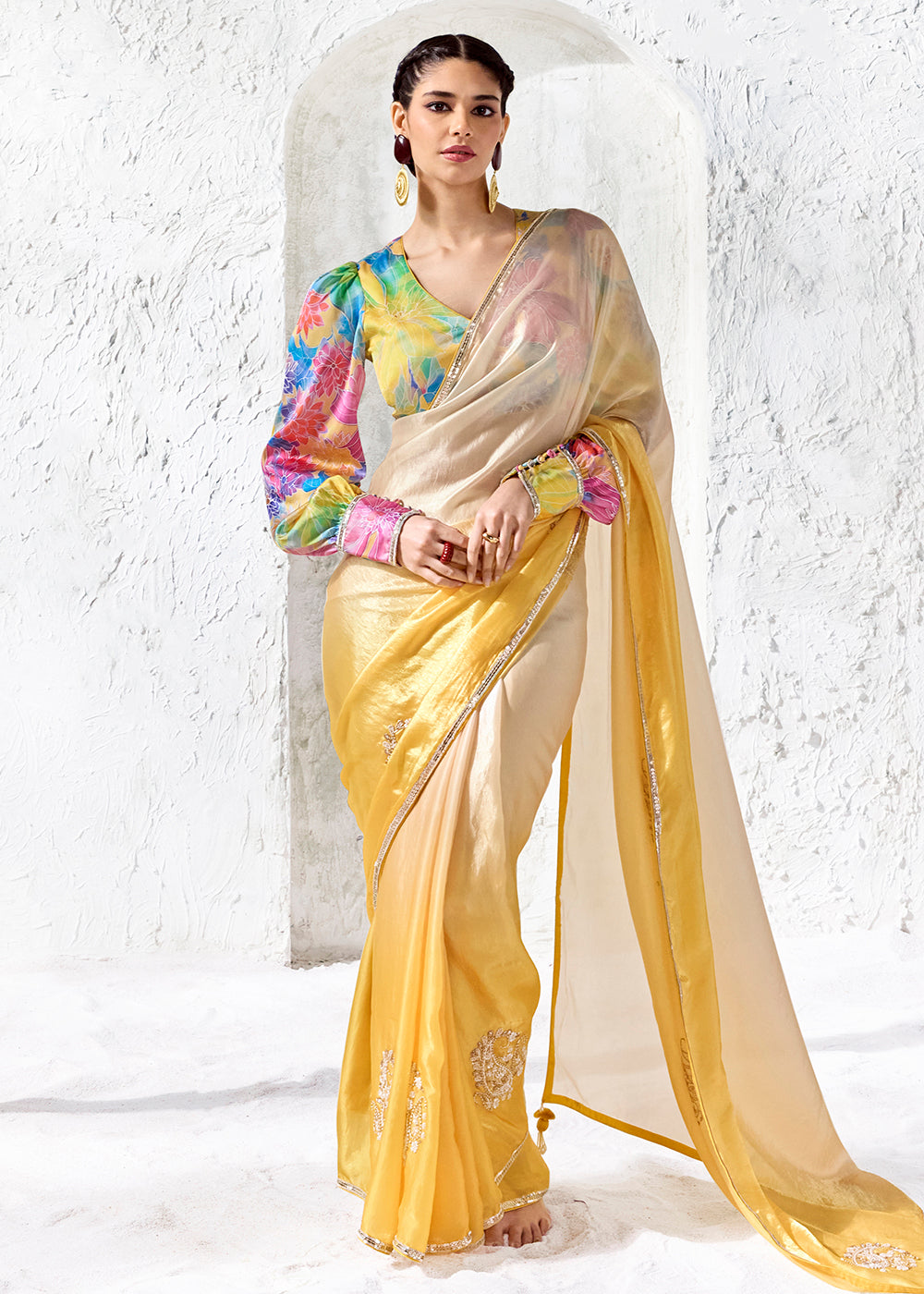 Buy Now Ombre Yellow Embroidered Designer Wedding Saree Online in US, UK, Canada, France, Germany, Denmark, Sweden, Italy, Greece, UAE &amp; Worldwide at Empress.