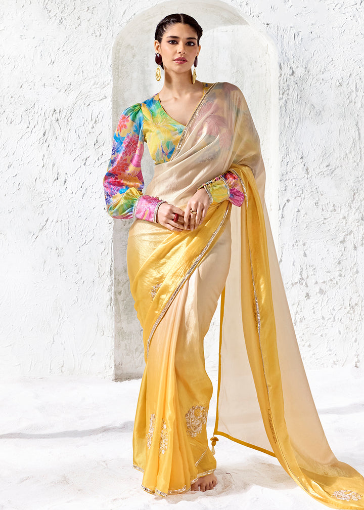 Buy Now Ombre Yellow Embroidered Designer Wedding Saree Online in US, UK, Canada, France, Germany, Denmark, Sweden, Italy, Greece, UAE &amp; Worldwide at Empress.