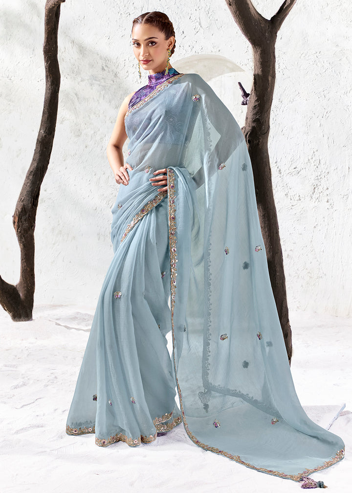 Buy Now Powder Blue Embroidered Designer Wedding Saree Online in US, UK, Canada, France, Germany, Denmark, Sweden, Italy, Greece, UAE &amp; Worldwide at Empress.