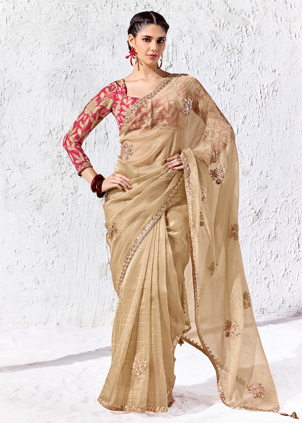 Buy Now Golden Beige Embroidered Designer Wedding Saree Online in US, UK, Canada, France, Germany, Denmark, Sweden, Italy, Greece, UAE &amp; Worldwide at Empress.