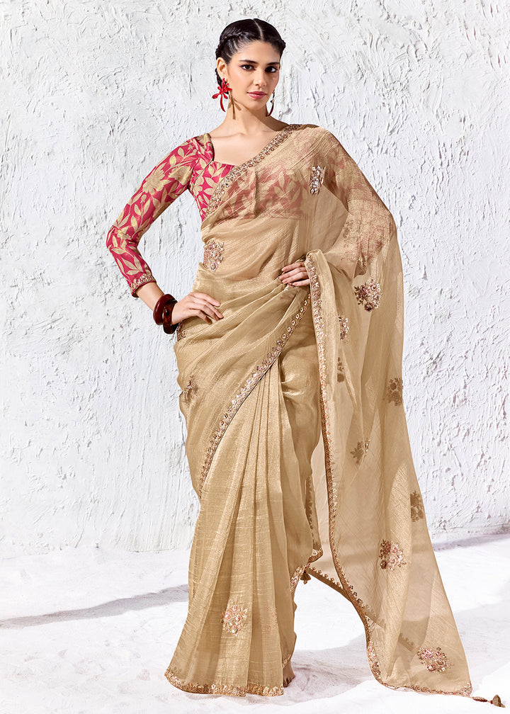 Buy Now Golden Beige Embroidered Designer Wedding Saree Online in US, UK, Canada, France, Germany, Denmark, Sweden, Italy, Greece, UAE &amp; Worldwide at Empress.