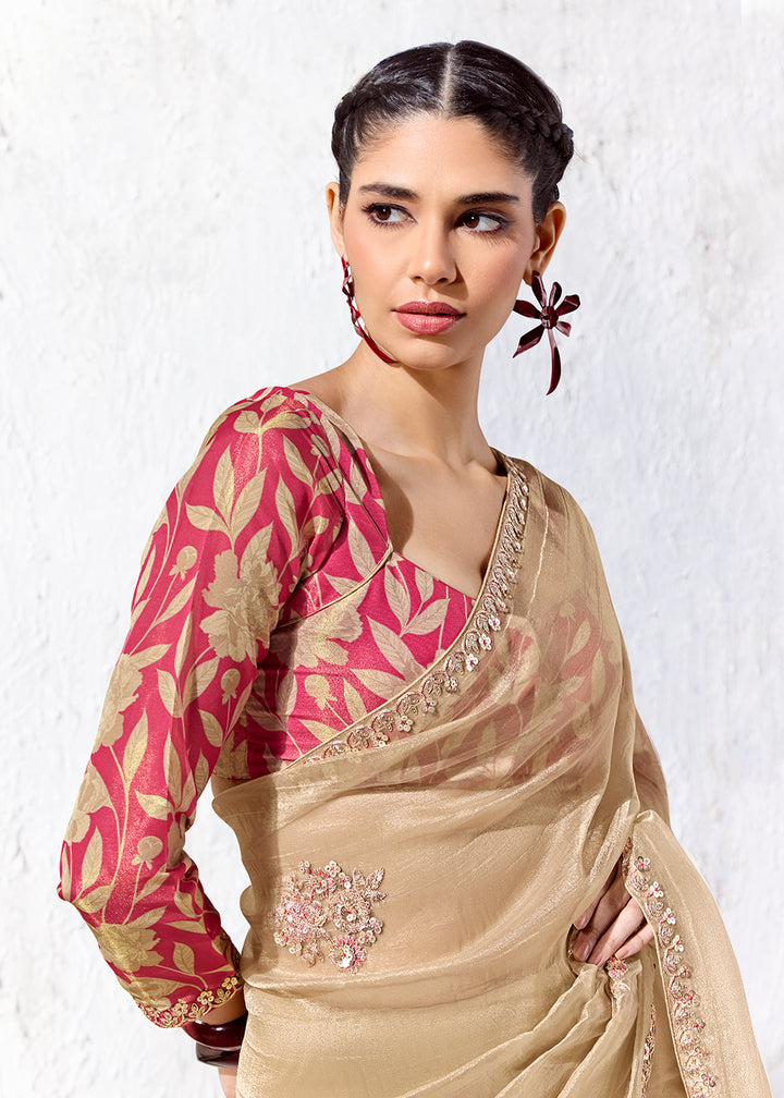 Buy Now Golden Beige Embroidered Designer Wedding Saree Online in US, UK, Canada, France, Germany, Denmark, Sweden, Italy, Greece, UAE &amp; Worldwide at Empress.