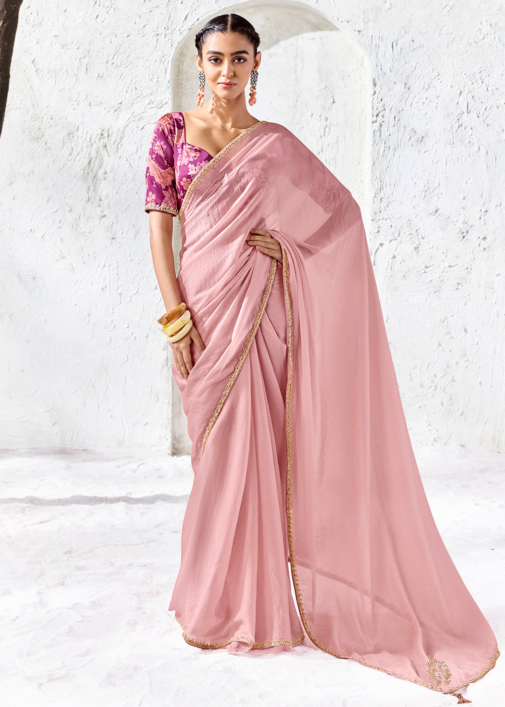 Buy Now Blush Pink Embroidered Designer Wedding Saree Online in US, UK, Canada, France, Germany, Denmark, Sweden, Italy, Greece, UAE &amp; Worldwide at Empress.