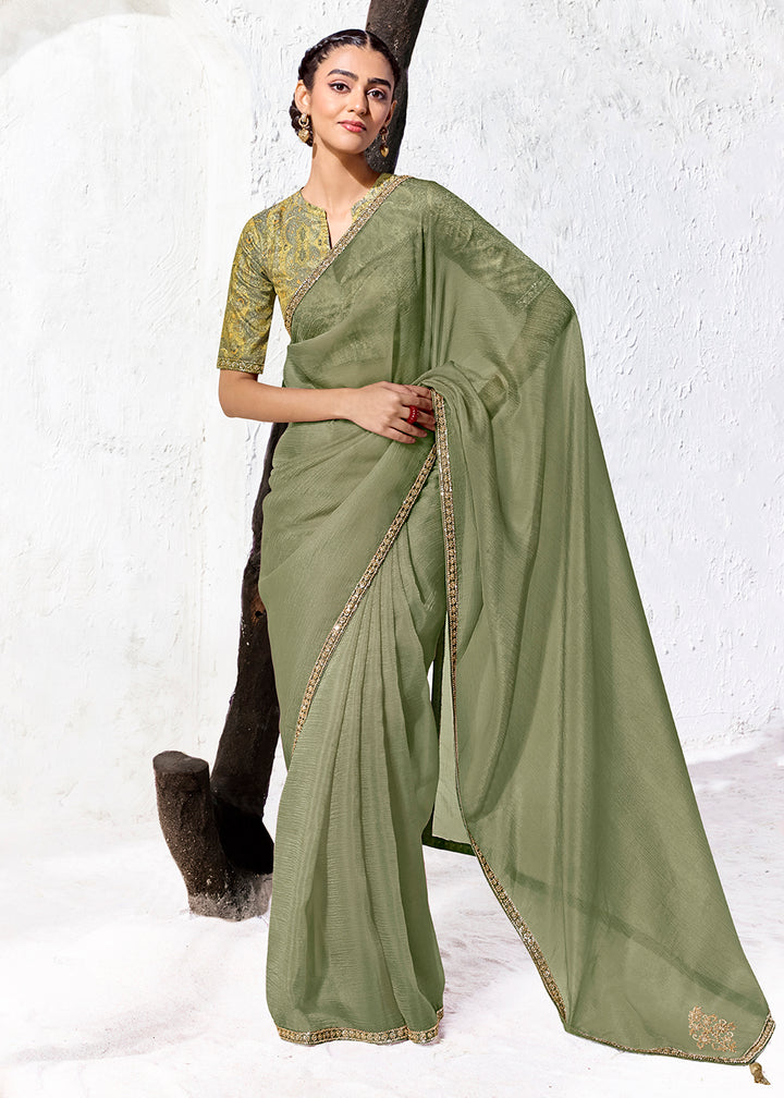 Buy Now Sage Green Embroidered Designer Wedding Saree Online in US, UK, Canada, France, Germany, Denmark, Sweden, Italy, Greece, UAE &amp; Worldwide at Empress.